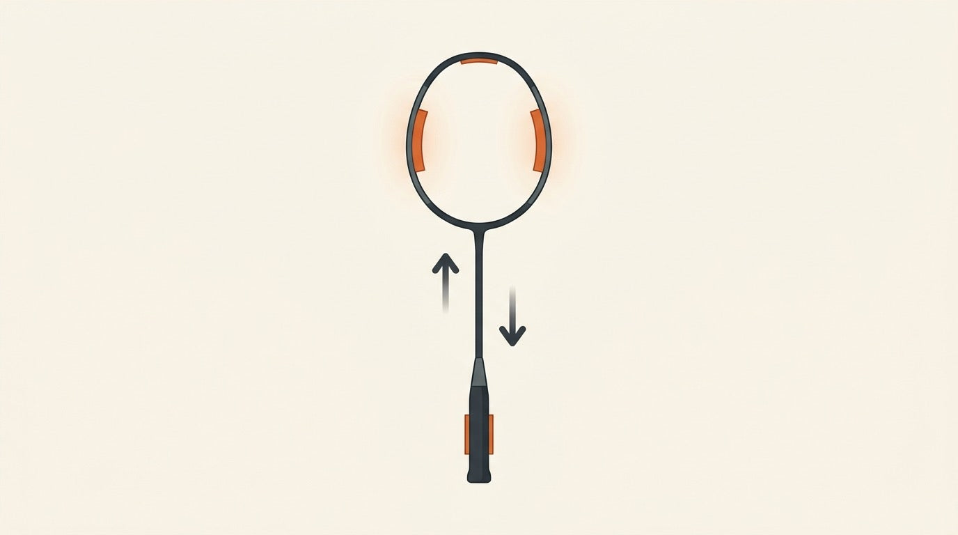Illustrated badminton racket balanced on a pivot with small tape strips on the frame and a built-up handle