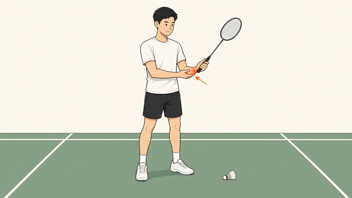 Flat vector badminton player indicating thumb-side wrist pain while holding a badminton racket