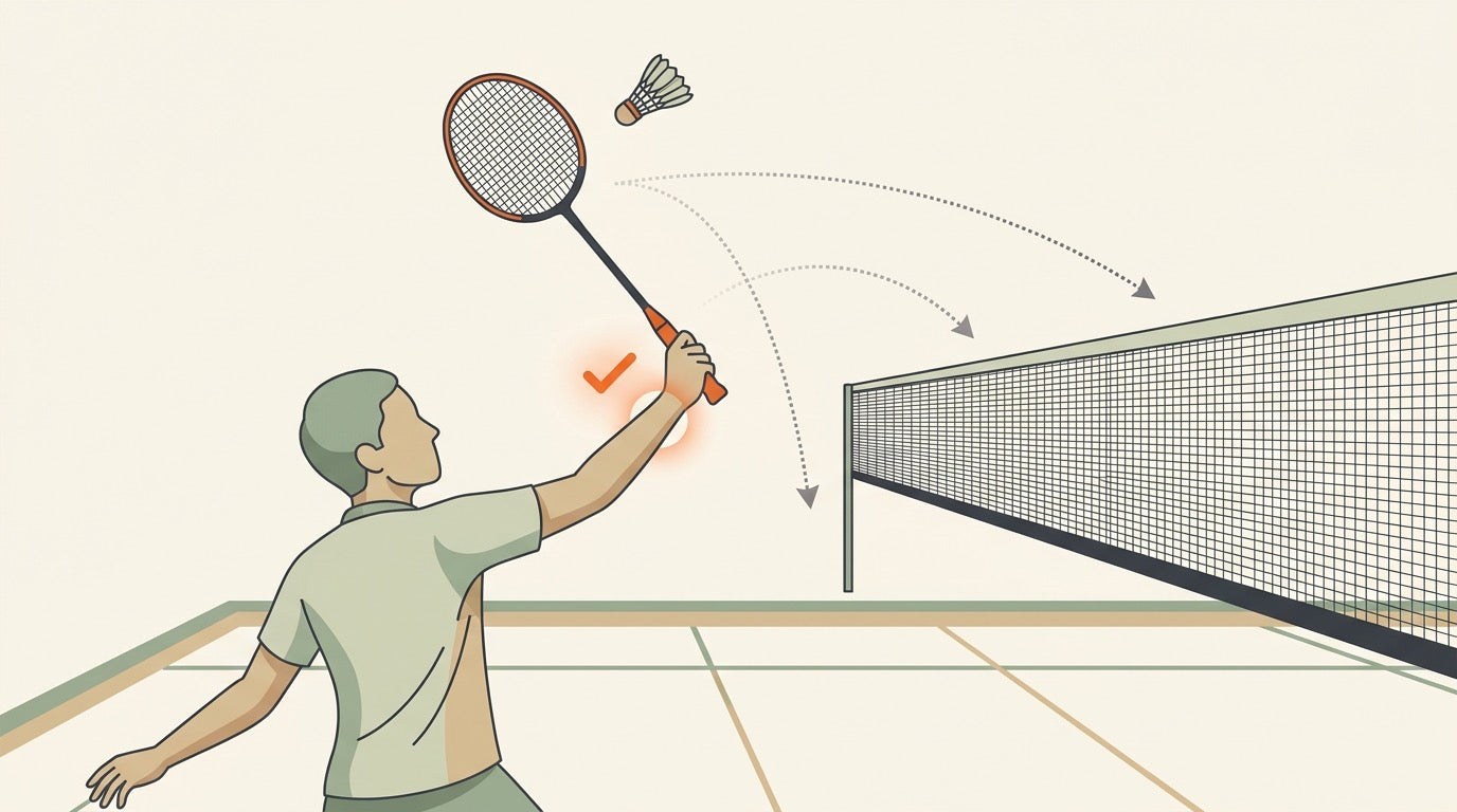 Illustration of a badminton player disguising an overhead shot while the opponent hesitates on a warm green indoor court