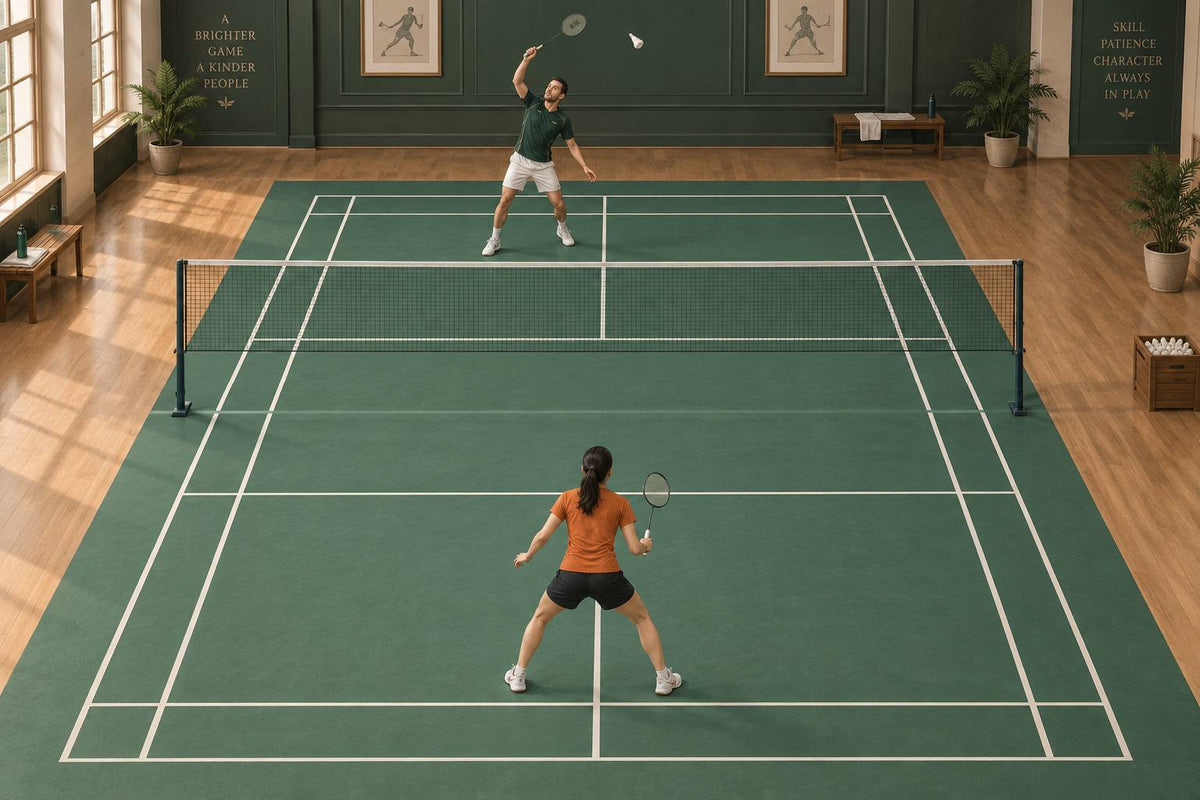 An attacker supplies a controlled overhead smash while the defender prepares a compact return from midcourt.