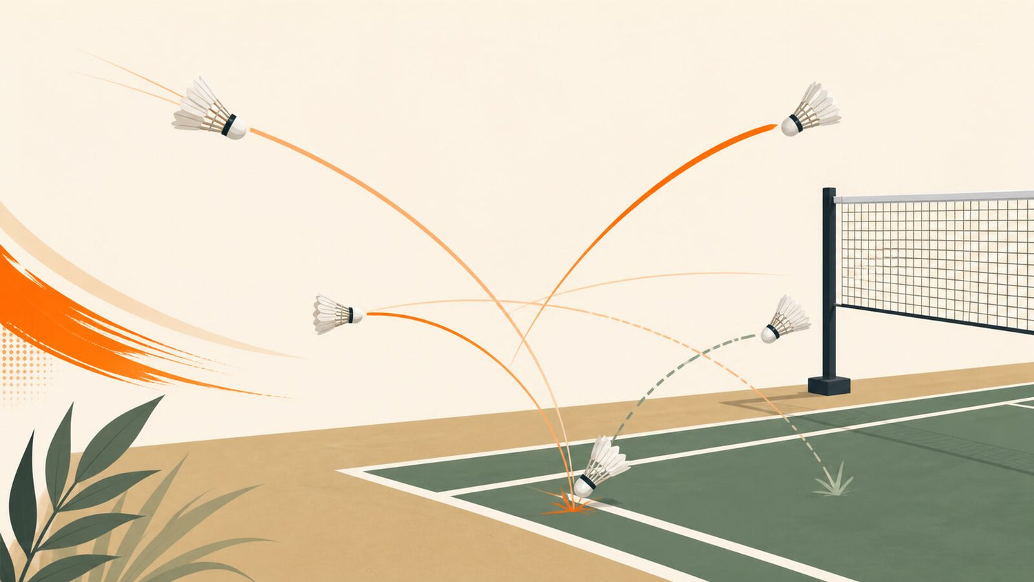 Terrain de badminton intérieur illustré avec un filet haut et plusieurs volants suivant des trajectoires orange et grises