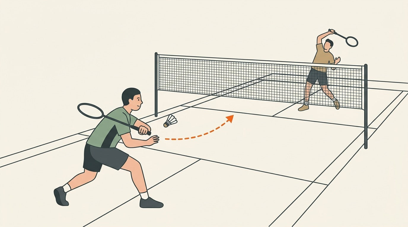 Illustration of a badminton player defending a smash with block, lift, and drive options on an indoor court