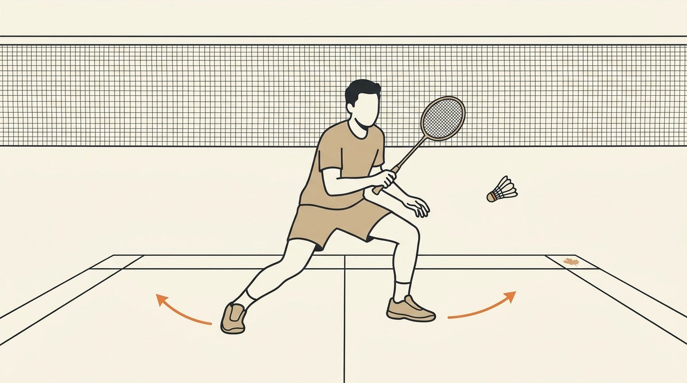 Illustration of a badminton player in a low defensive ready position reading an opponent's shot on an indoor Canadian court