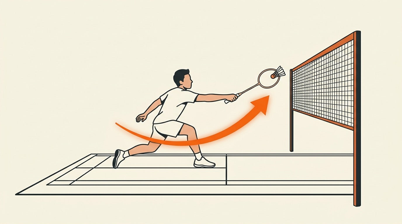 Illustration of a badminton player stepping forward from defence into a counter-attacking drive.