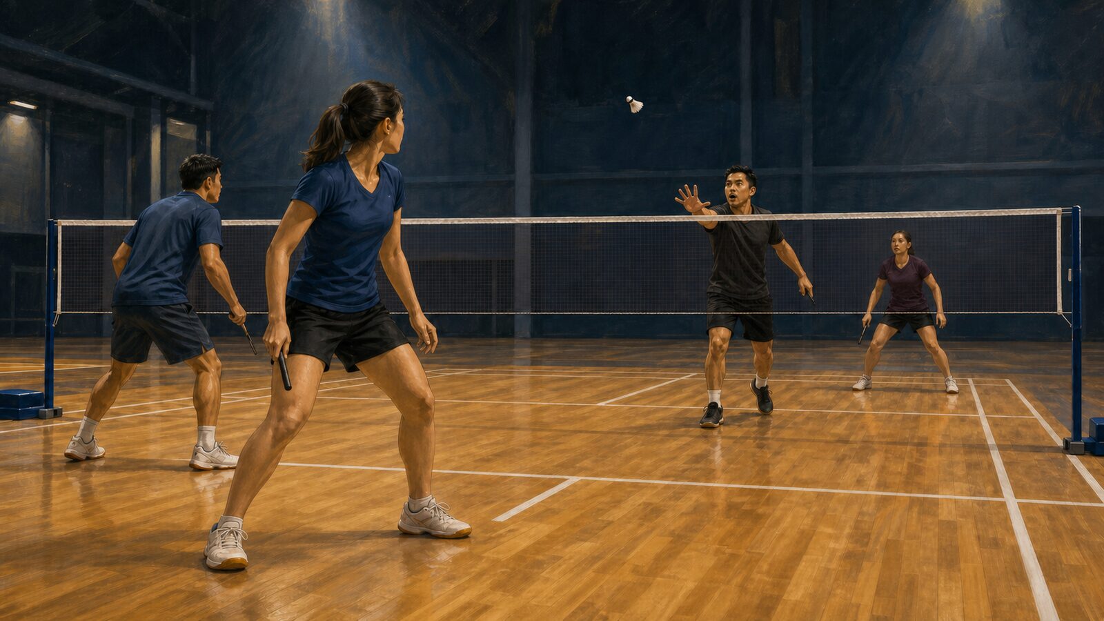 Un joueur adverse lève la main pour distraire une paire de double de l’autre côté d’un filet de badminton intérieur réglementaire.