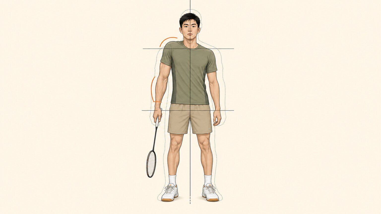 Front-view badminton athlete showing an elevated racket-side shoulder, larger forearm, and lateral posture shift against a balanced outline