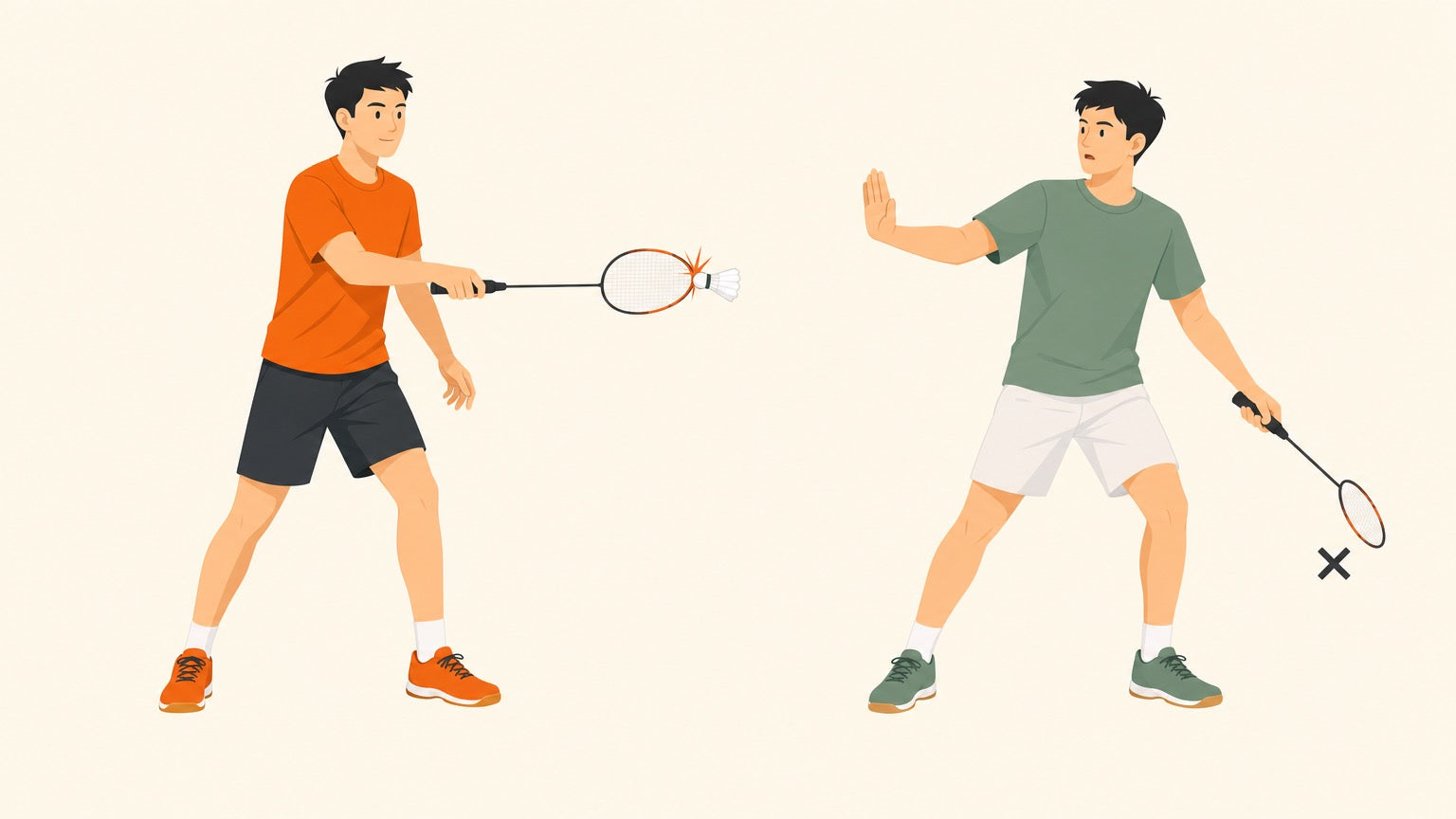 Flat vector illustration of two badminton doubles partners: one player's racket frame grazes the shuttlecock while the partner pulls his racket away and raises a palm, with a small cross mark showing a second touch would be a fault.
