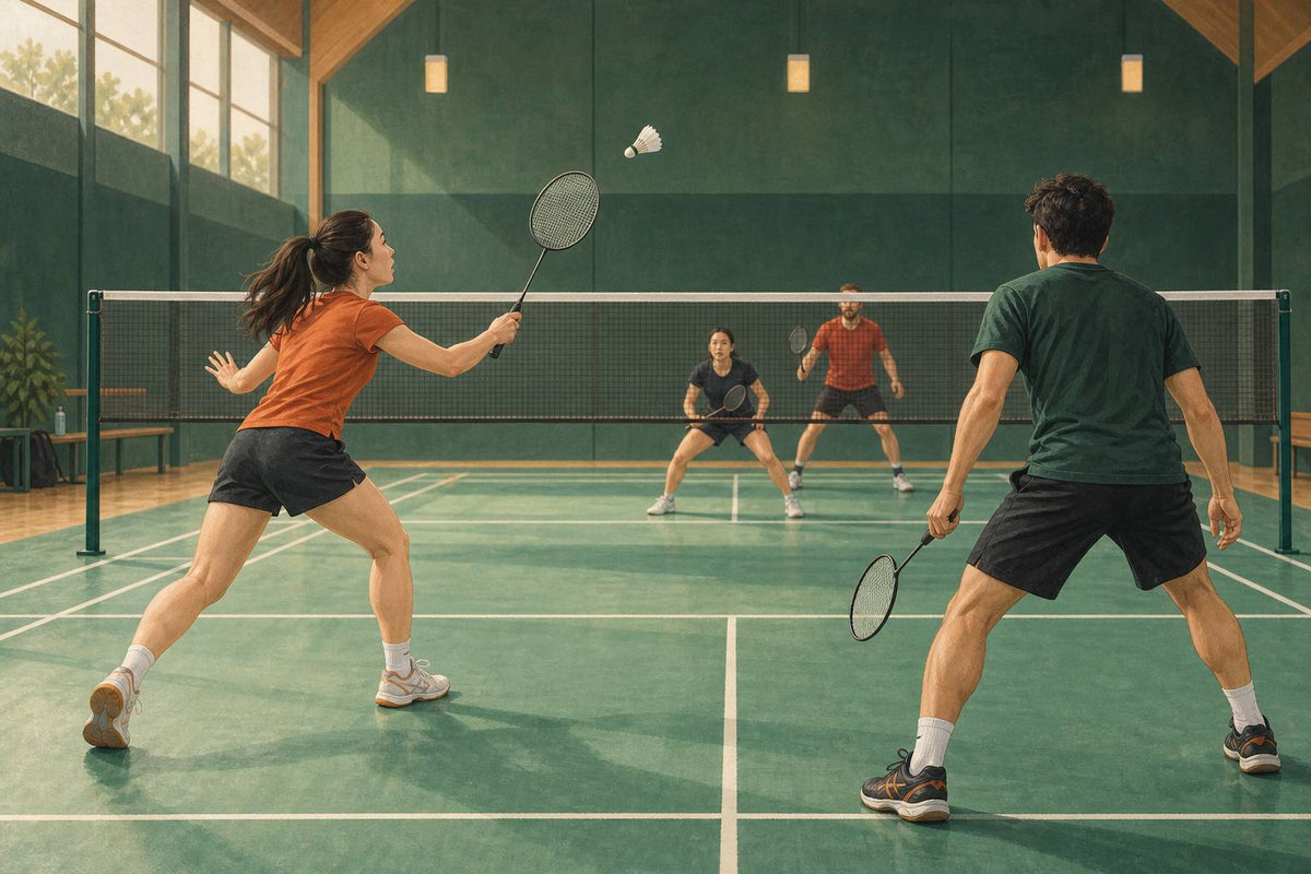 One partner commits to the shuttle while the other leaves the contact zone clear.