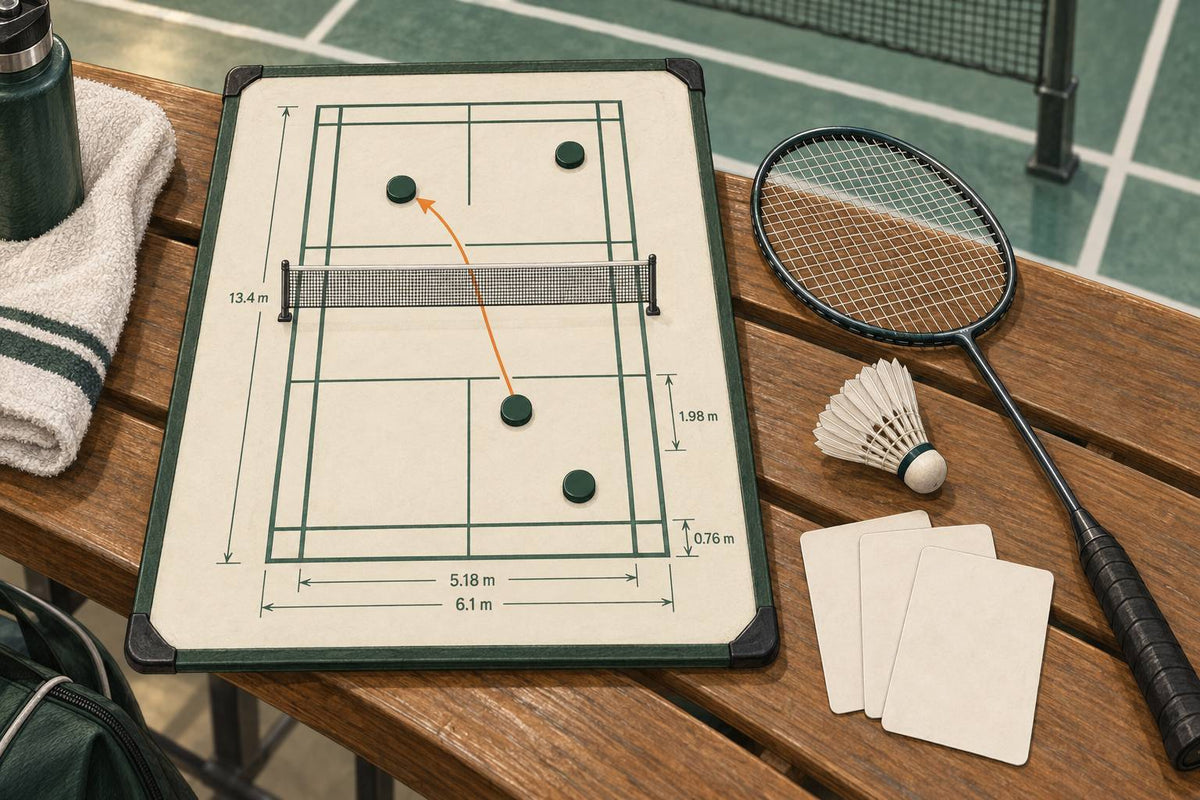 Editorial still life of a doubles service setup and three opening-exchange planning cards.