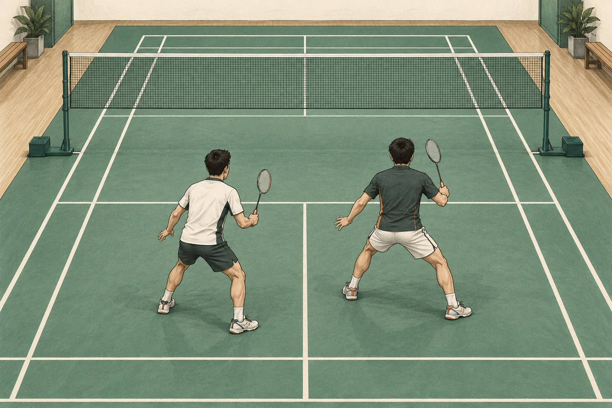 Editorial illustration of two badminton doubles partners in a neutral staggered formation.