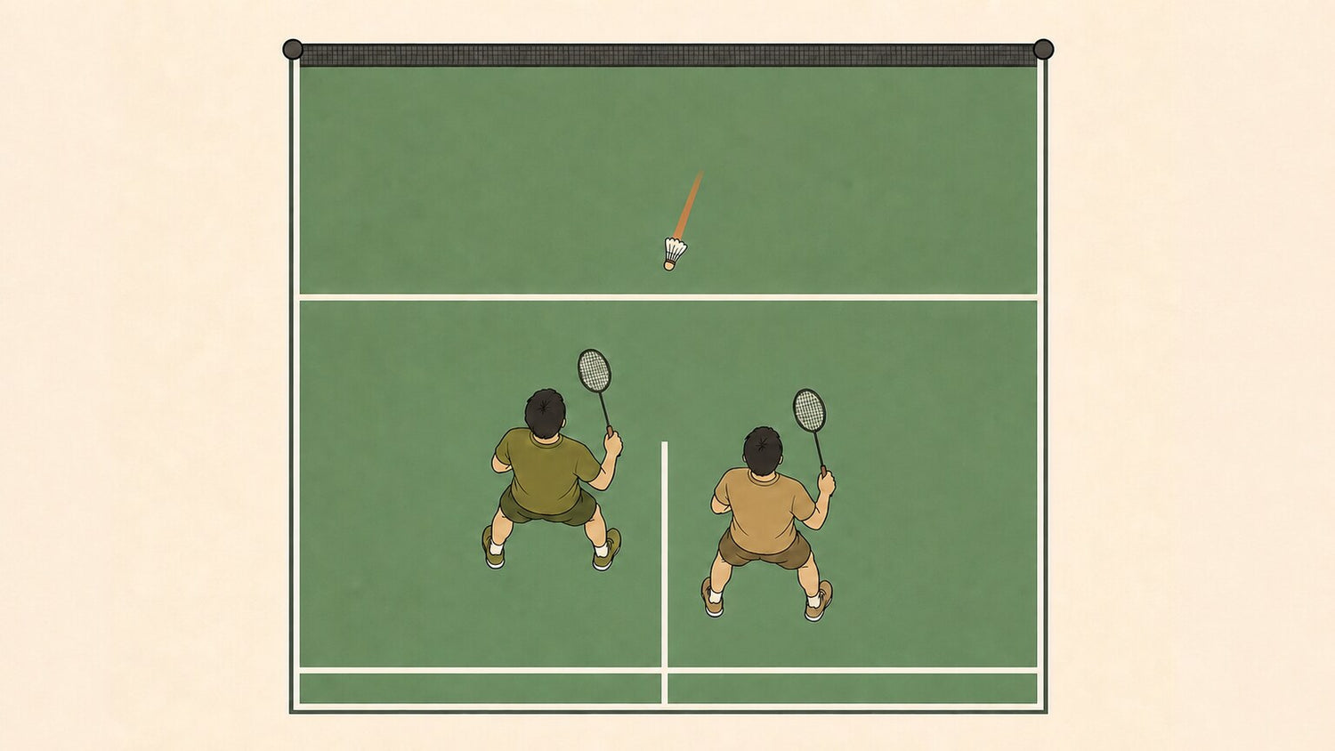 Overhead badminton doubles partners in a shallow stagger tracking one incoming flat shuttle