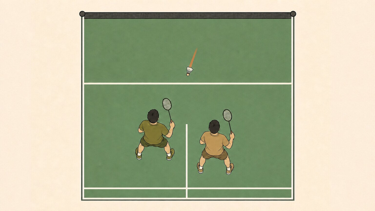 Overhead badminton doubles partners in a shallow stagger tracking one incoming flat shuttle