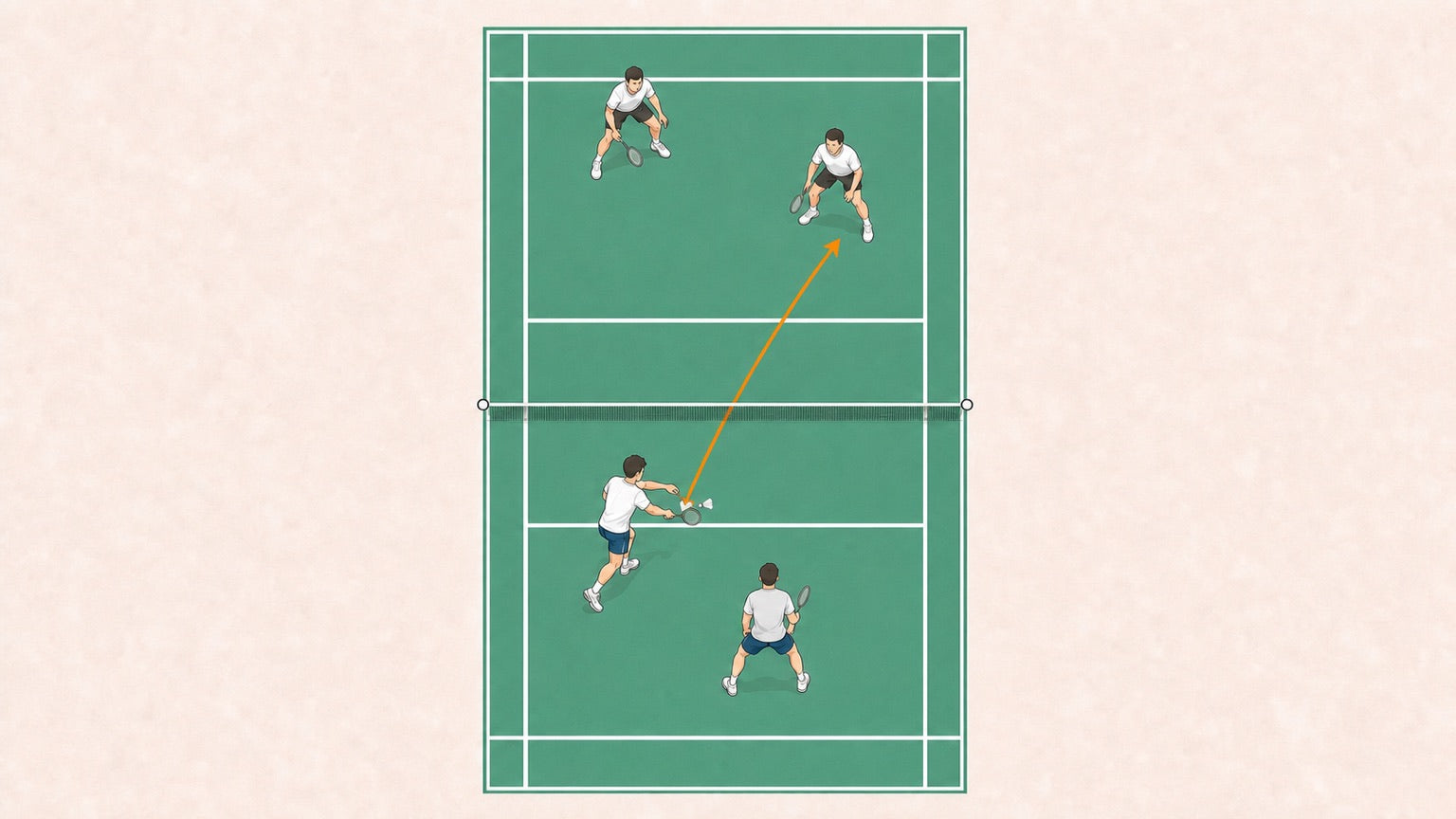Flat vector illustration of a doubles badminton player using a compact backhand low serve over a high net.
