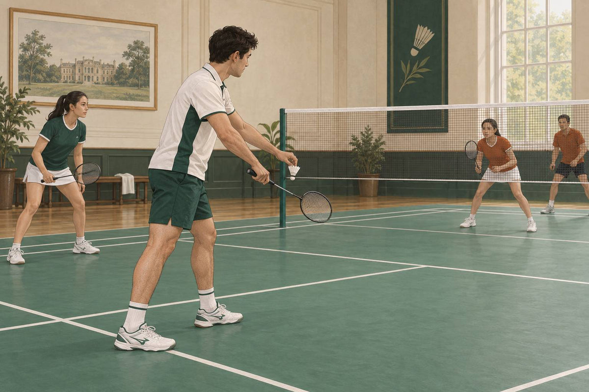 A compact backhand low serve gives a doubles pair a controlled start to the rally.