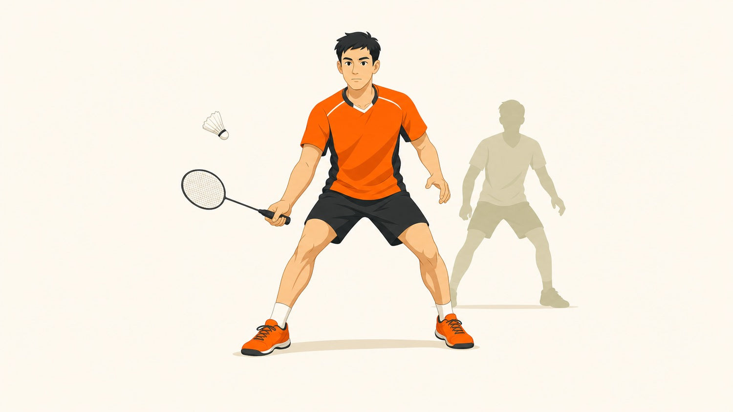 Flat vector illustration of a badminton doubles front player in a ready stance with a partner silhouette behind.