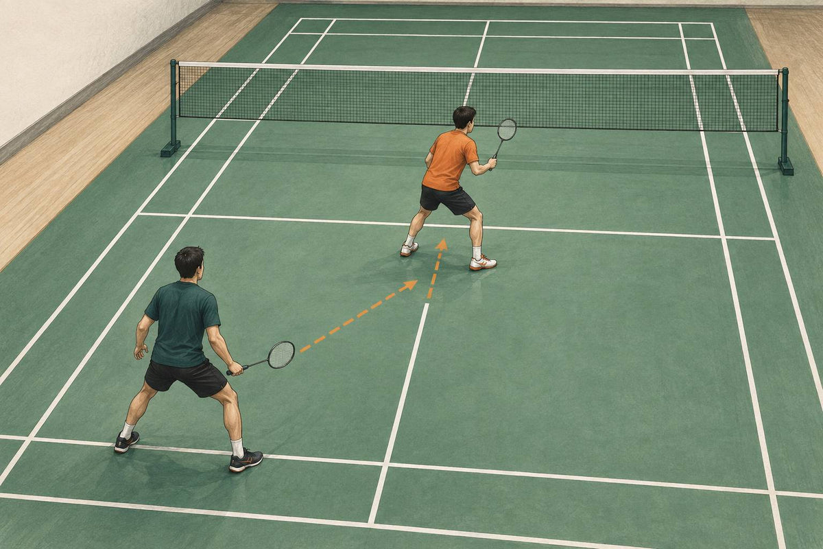 Editorial illustration of two doubles partners rehearsing front-and-back positioning.