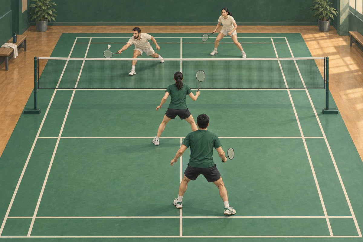 A doubles pair temporarily closes two low-reply lanes while keeping a clear route back to the rear court.