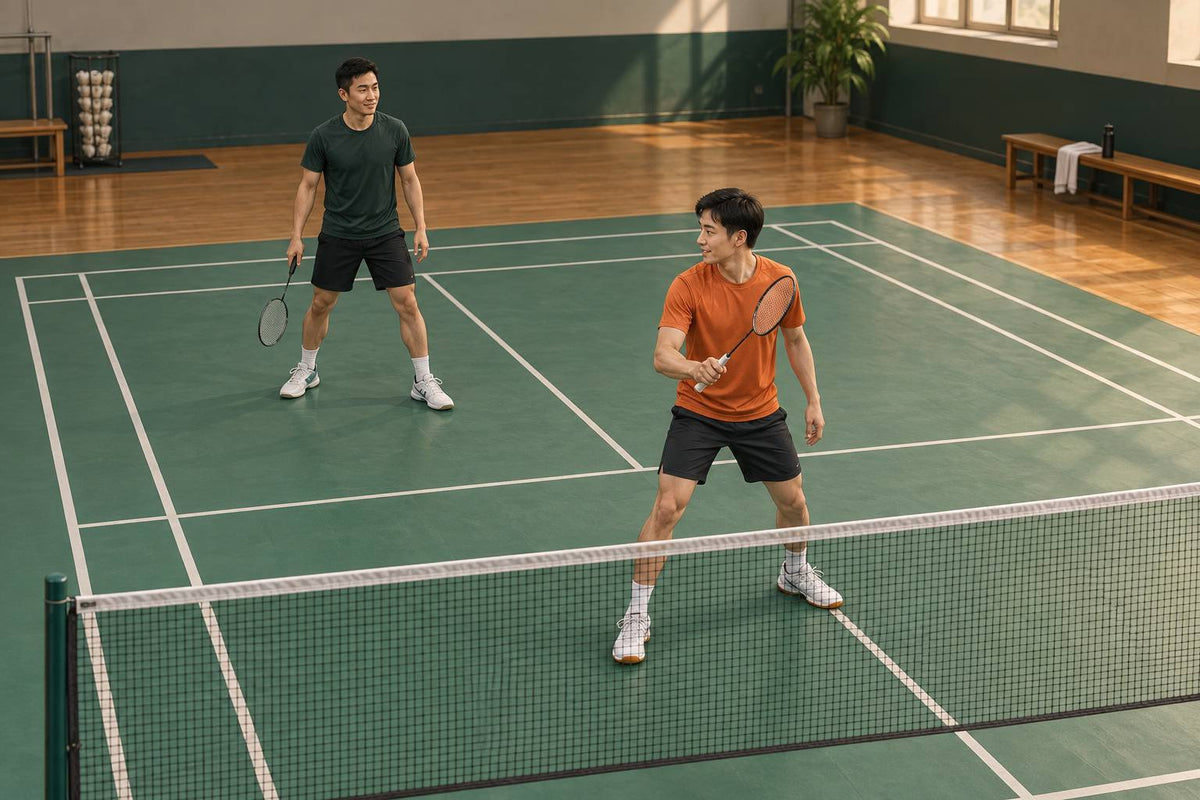 Doubles partners rehearse separate front and rear swing spaces before the next rally.