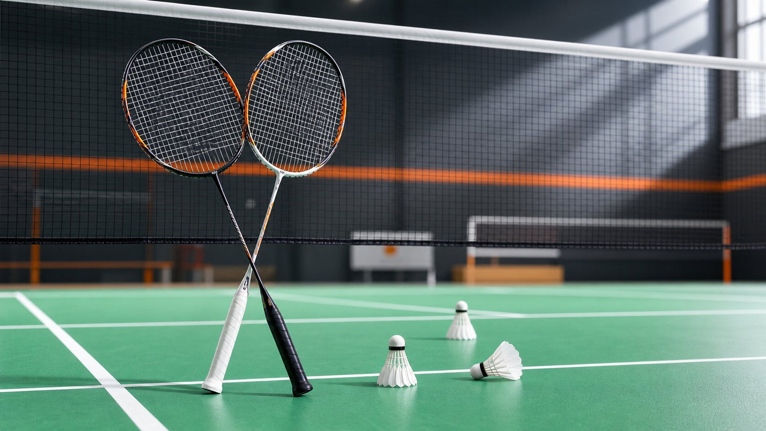 Badminton rackets crossed over a doubles court with shuttlecocks near the net.