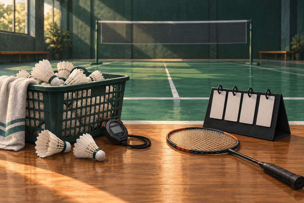 Editorial illustration comparing multifeed training equipment with a badminton scoreboard.
