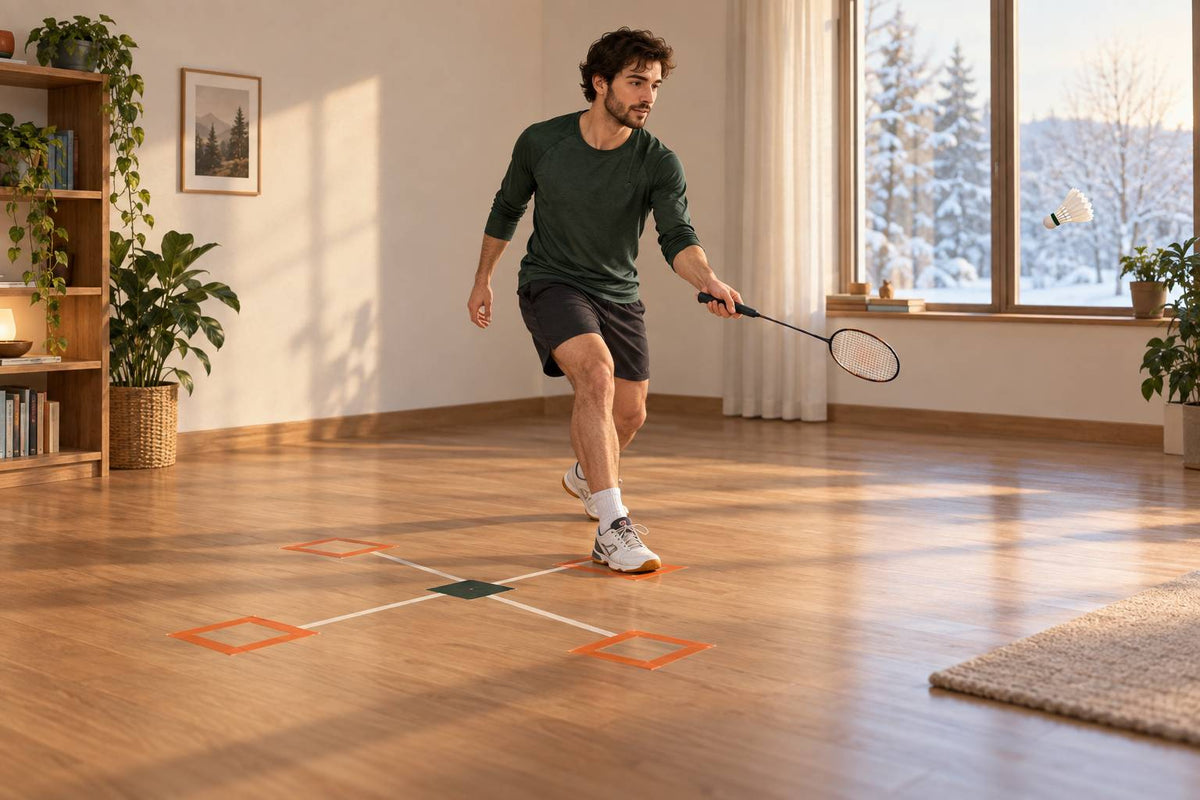 A clear room and a compact shadow-footwork grid can support controlled practice between court sessions.