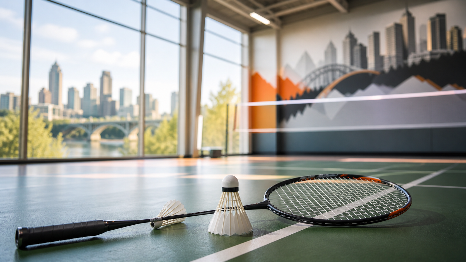 Badminton racket and shuttlecocks on an indoor court with a subtle Edmonton backdrop.