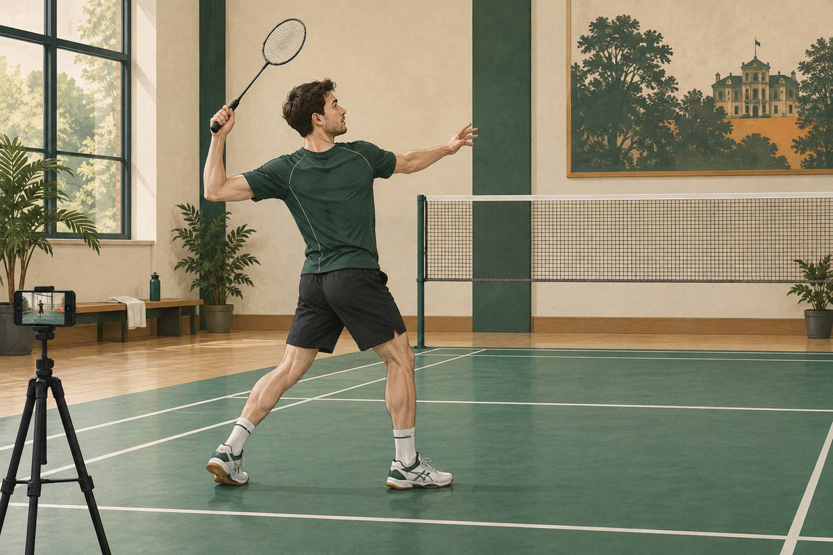 A paused shadow swing isolates the elbow moving up and forward before the racket accelerates.
