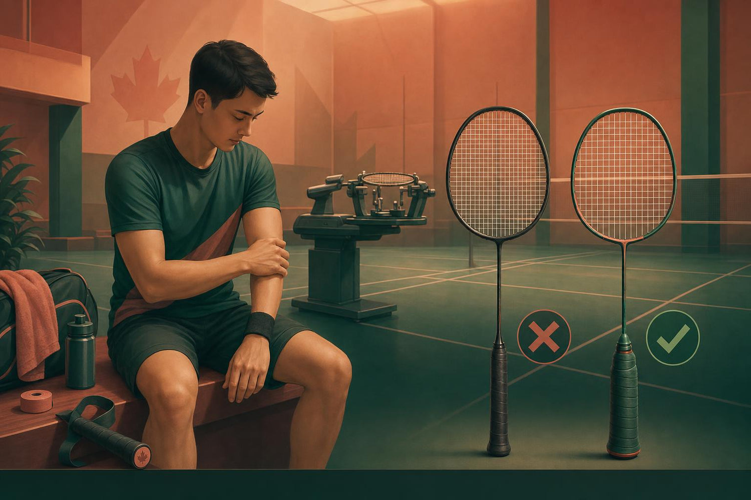 Illustration of a badminton player with elbow and wrist discomfort beside rackets, stringing tools, and grip tape on a warm indoor court