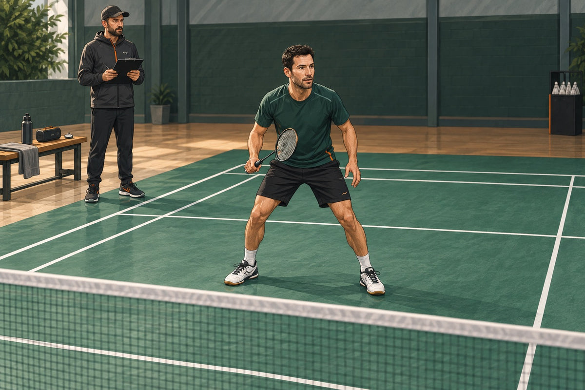 A player and observer prepare a clear court, audio device and timing record for a supervised endurance test.