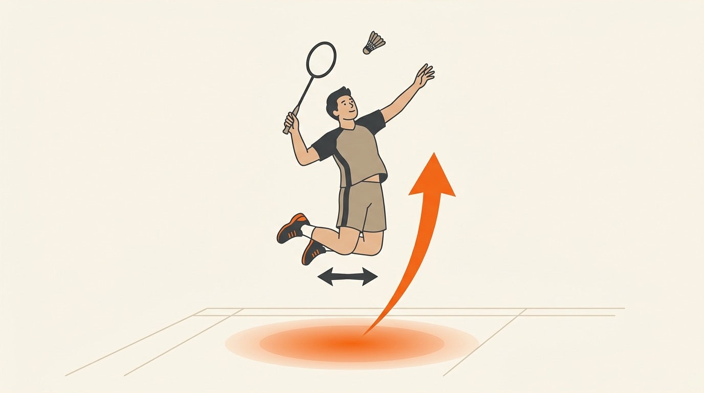 Illustration of a badminton player pushing explosively from a lunge on an indoor court with training dumbbells nearby