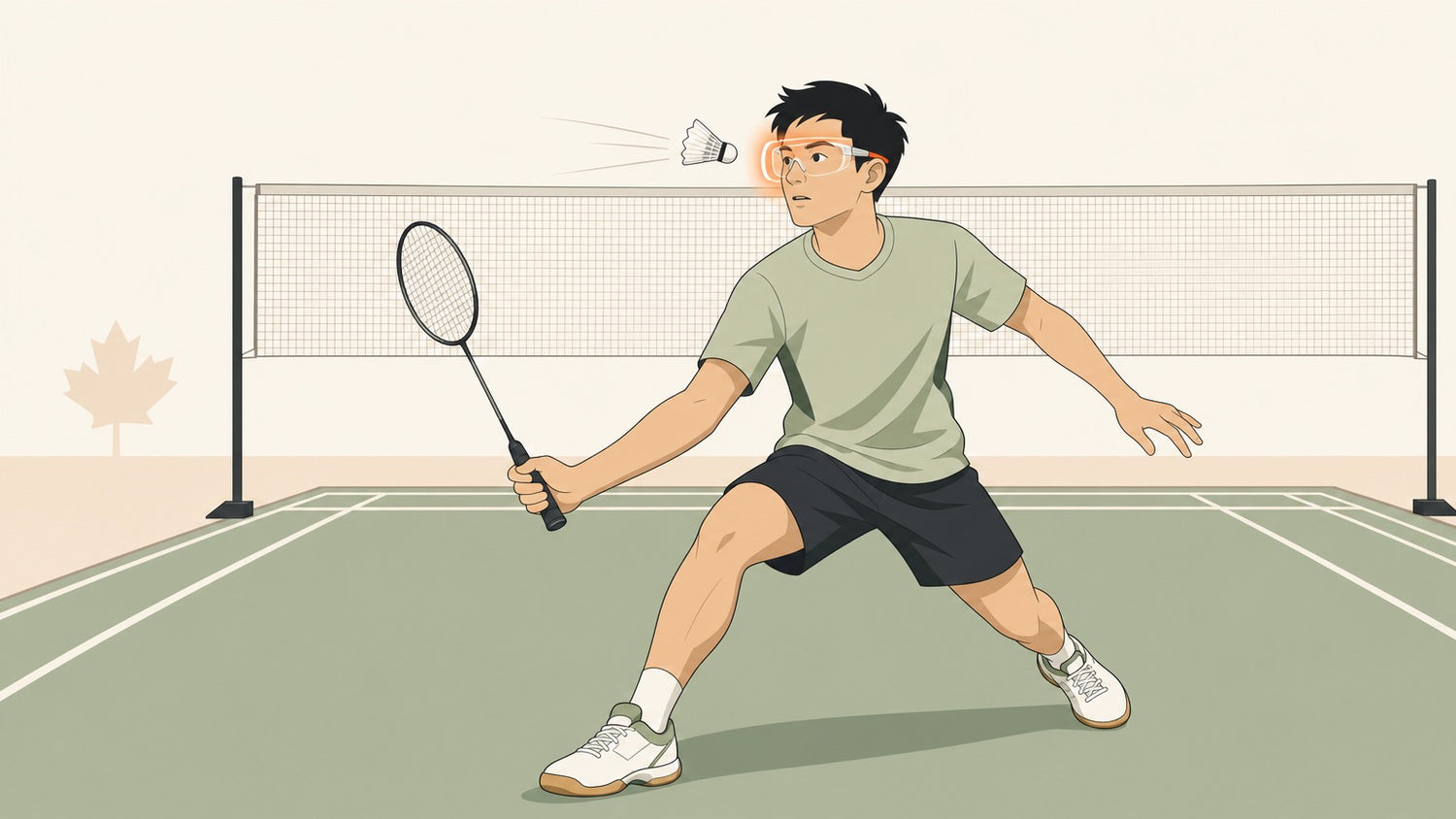 Badminton player wearing protective eyewear as a shuttlecock approaches their face on court