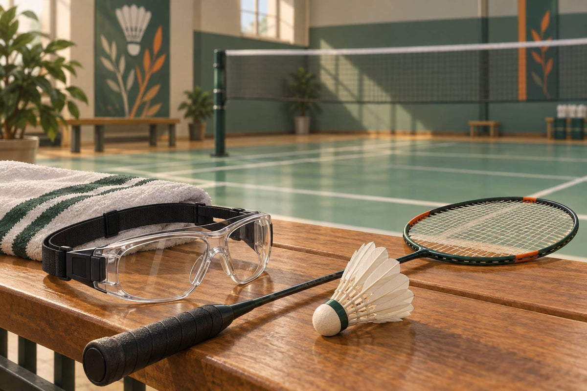 Protective sports goggles belong in the badminton kit when eye protection is needed.