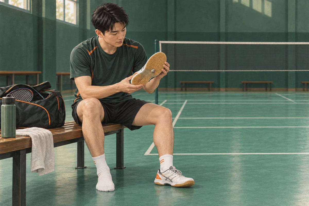 A player checks the sole of a court shoe before play as part of looking for obvious surface and footwear hazards.