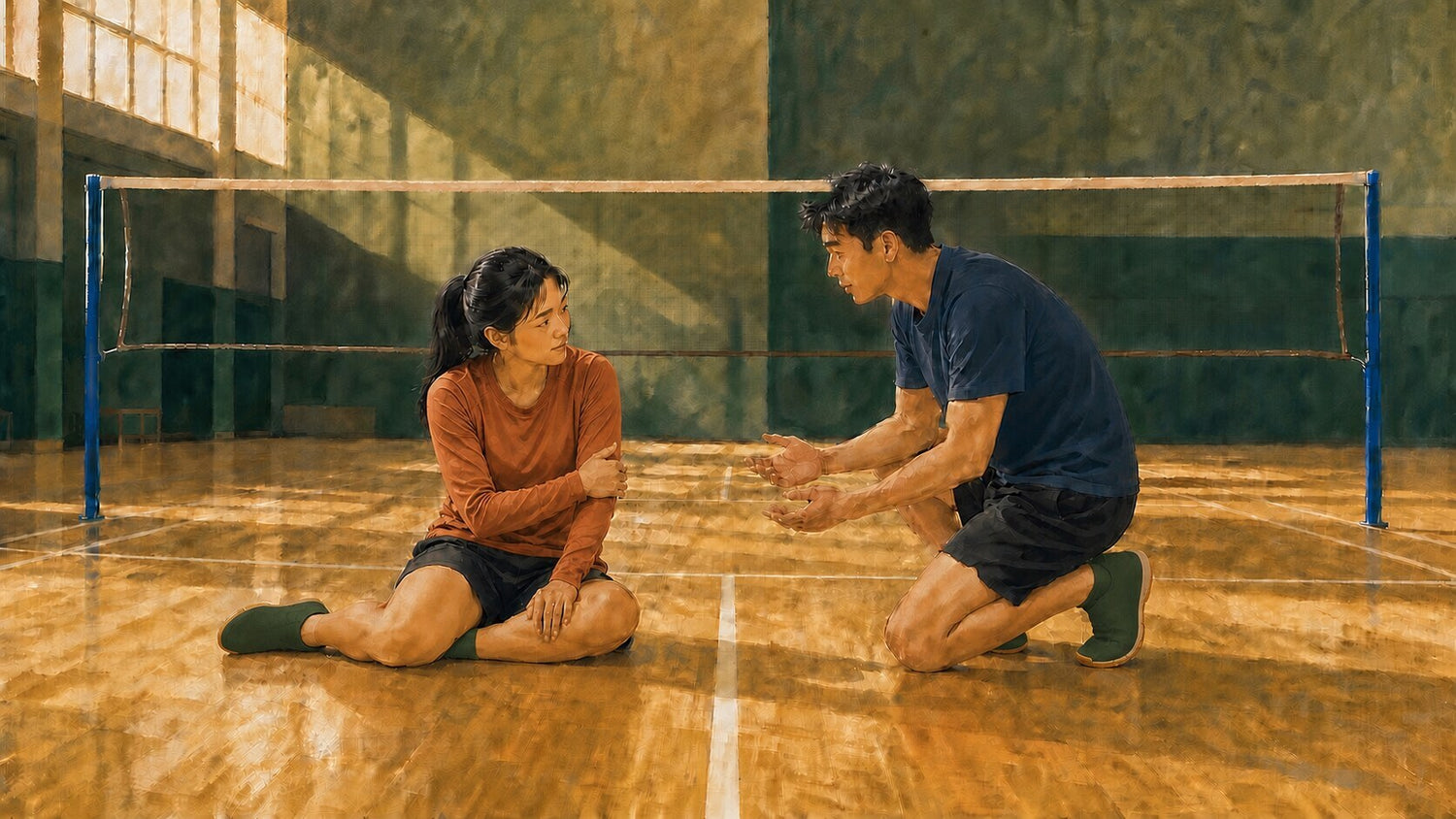 Illustration éditoriale d’un jeu arrêté sur un terrain de badminton intérieur, avec une personne adulte assise soutenant son avant-bras opposé pendant qu’une personne partenaire s’agenouille à proximité sans la toucher