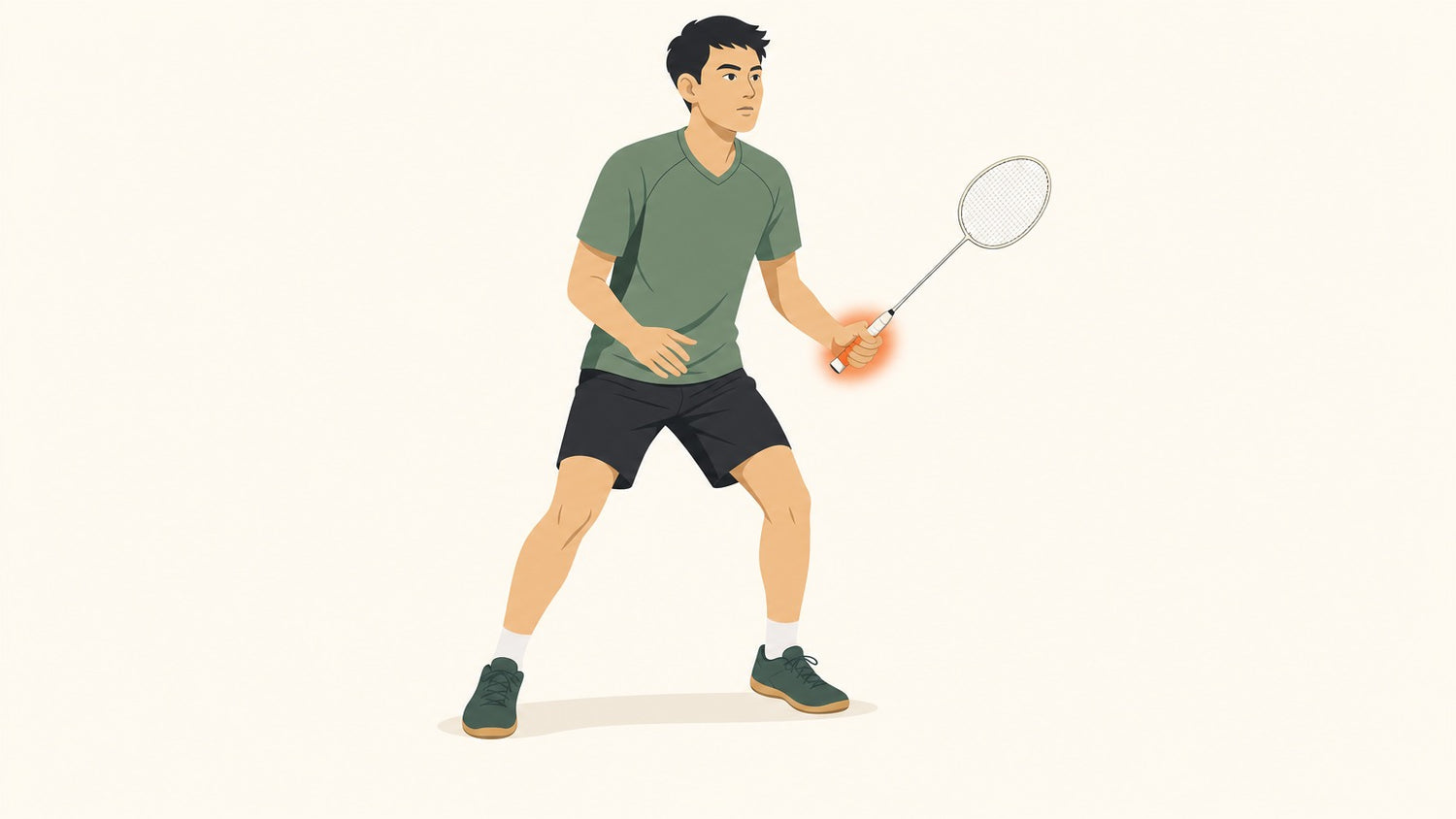 Badminton player holding a racket with the gripping fingers highlighted to show finger power