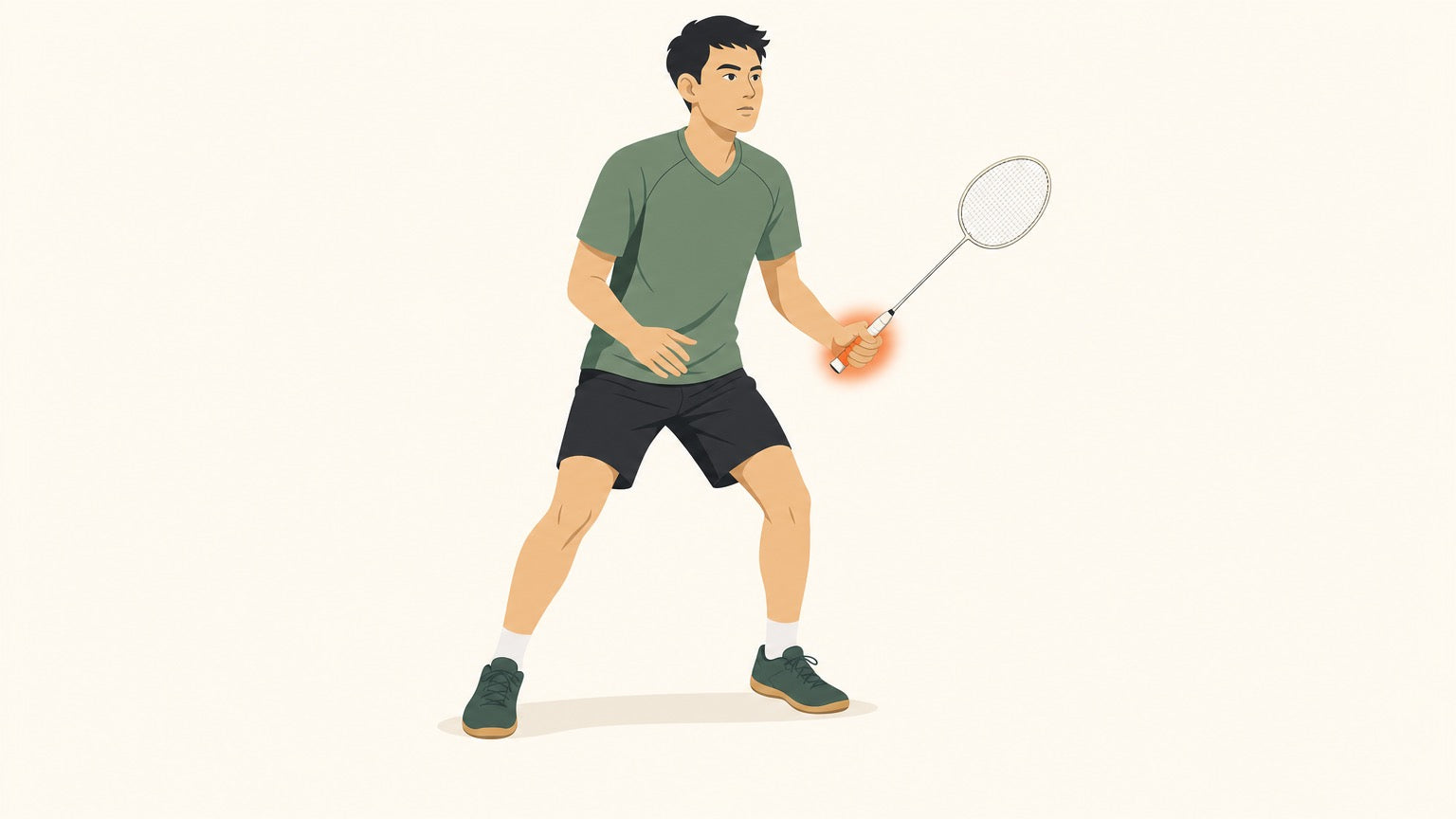 Badminton player holding a racket with the gripping fingers highlighted to show finger power