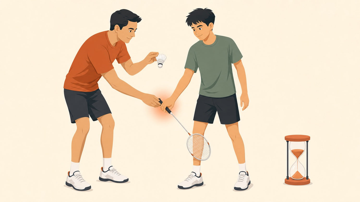 Flat vector illustration of a badminton coach adjusting a beginner's handshake grip on a badminton racket while holding a shuttlecock ready to feed, with a small hourglass beside them.