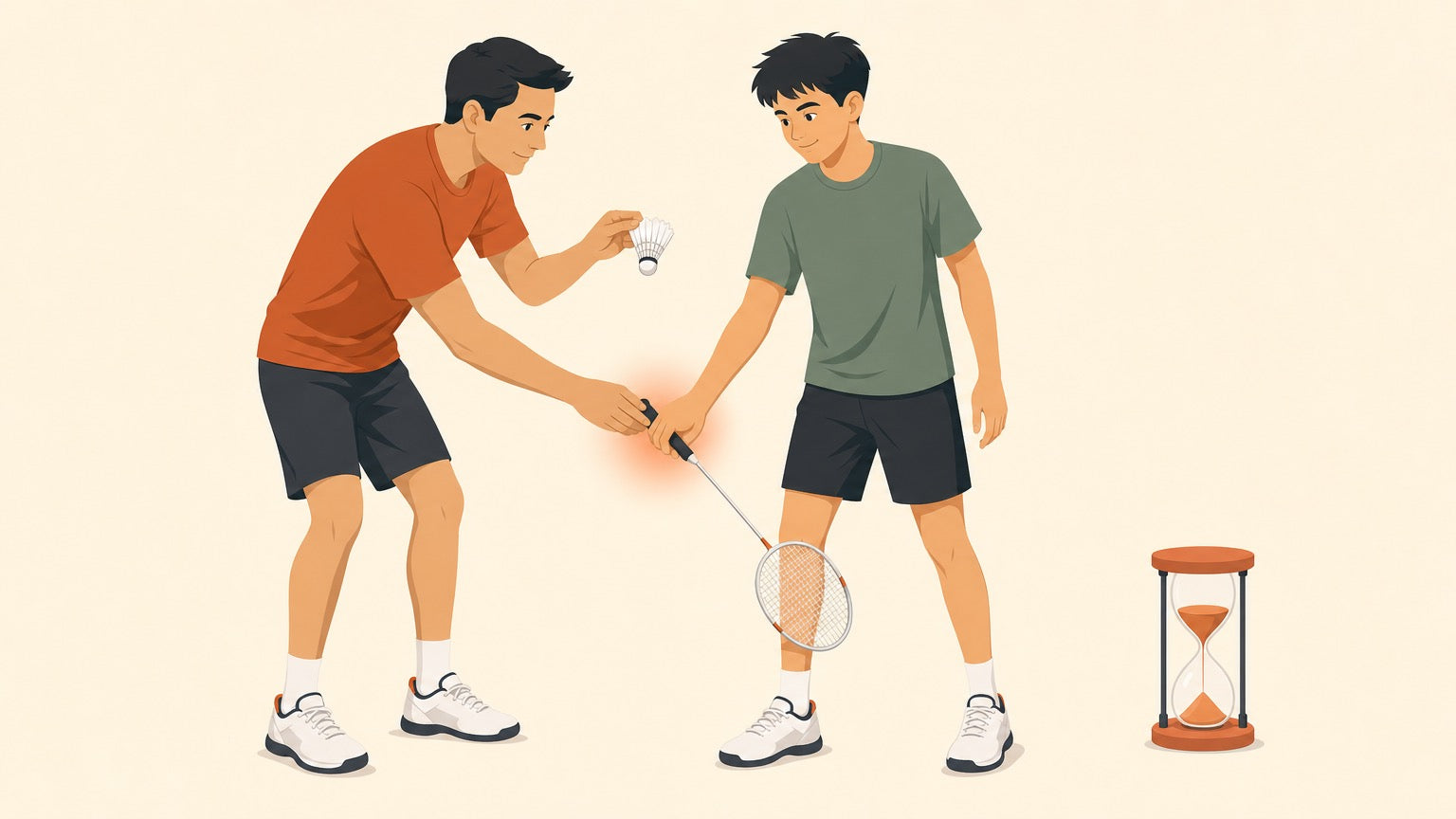 Flat vector illustration of a badminton coach adjusting a beginner's handshake grip on a badminton racket while holding a shuttlecock ready to feed, with a small hourglass beside them.