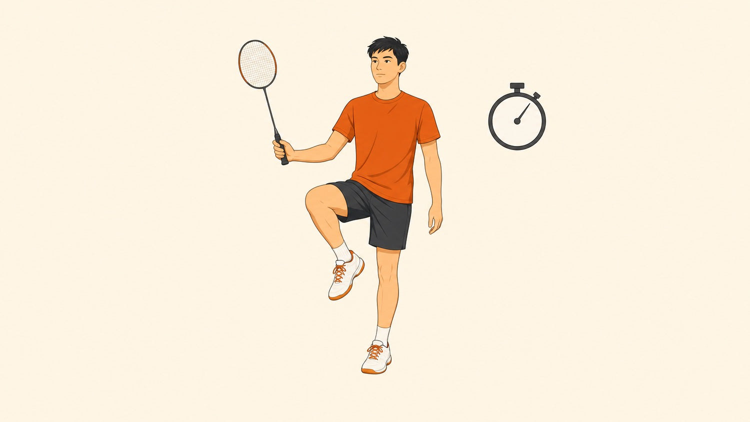 Flat vector illustration of a badminton player holding a racket while balancing on one leg beside a simple stopwatch, representing a self-scored fitness test.