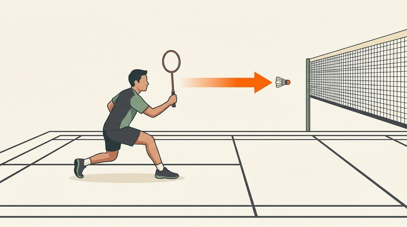 Illustration of Canadian doubles badminton players exchanging a flat mid-court drive and net block