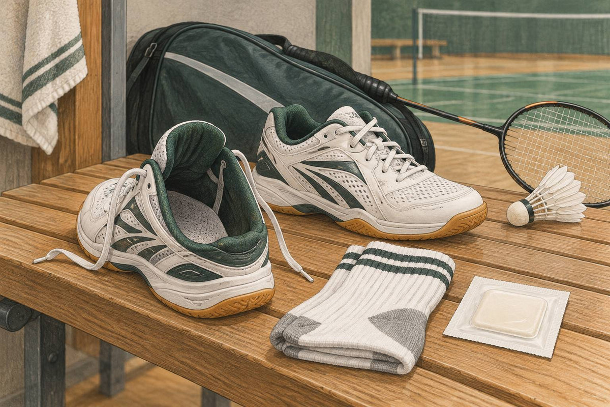 Editorial still life of badminton court shoes, socks and a plain protective dressing.