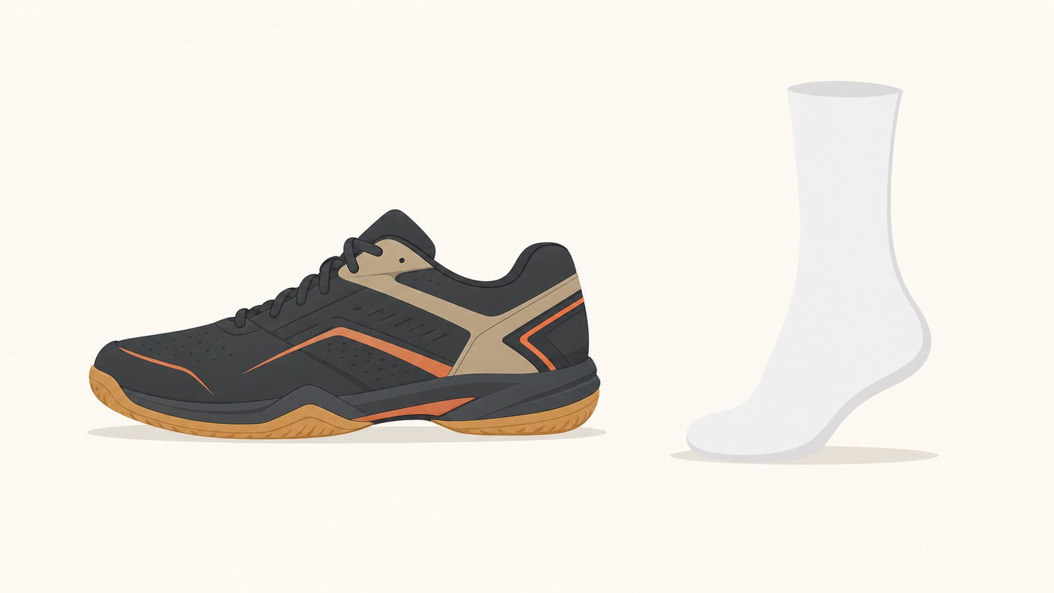 Unbranded indoor badminton shoe beside a plain athletic crew sock on a neutral background