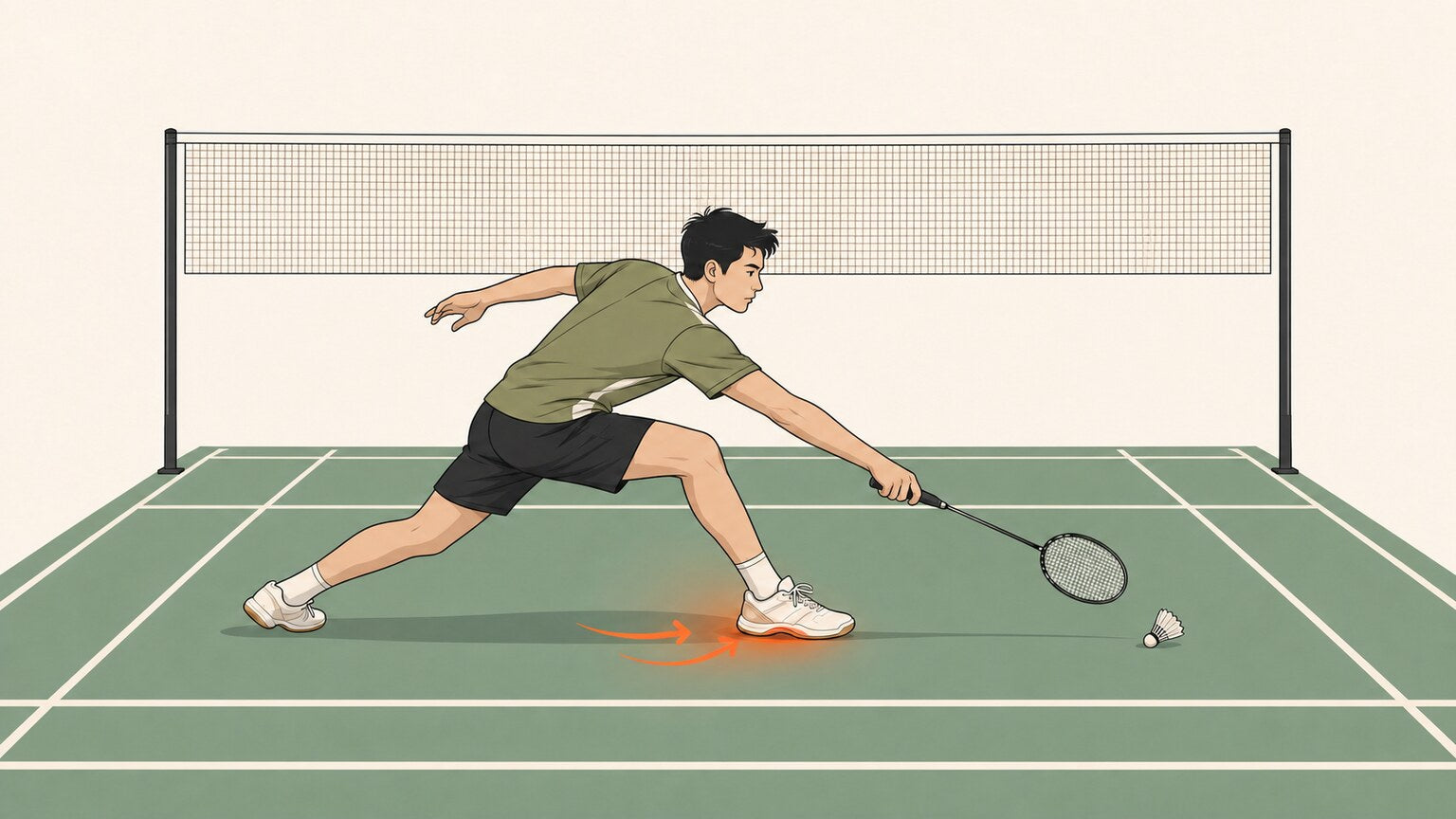 Badminton player lunging with a highlighted arch and heel area to show plantar fasciitis pain