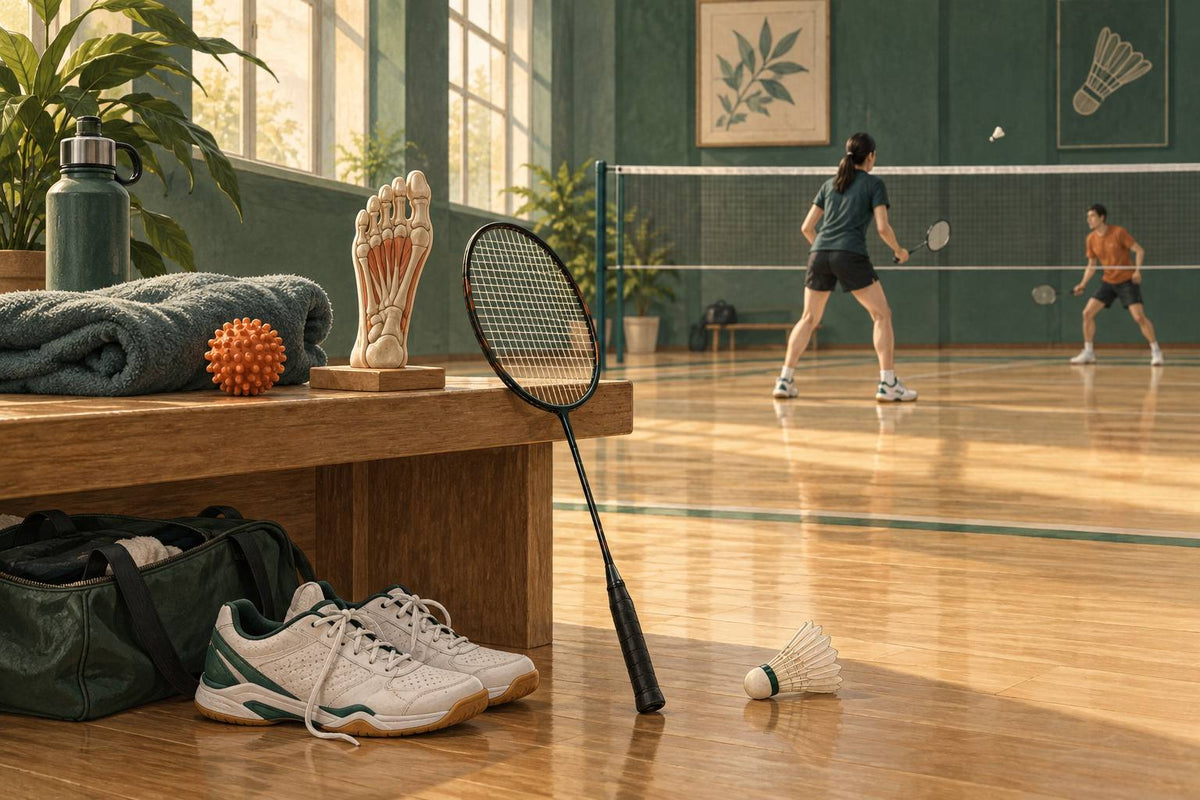 The article explains heel and arch pain in the context of badminton loading and recovery.