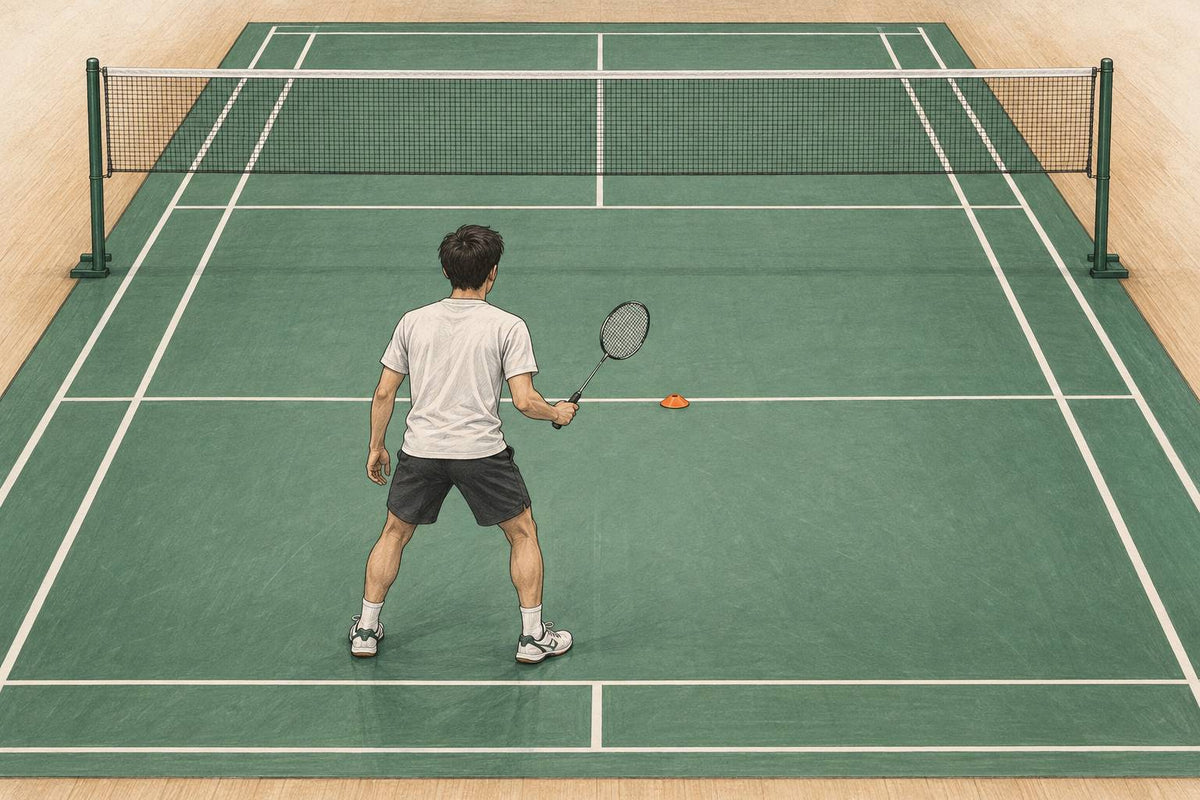 Editorial beginner in a ready stance at a court training marker.
