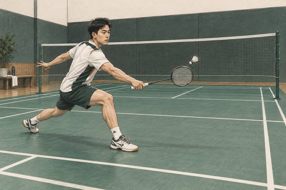 Editorial illustration of a controlled badminton forecourt lunge before contact.