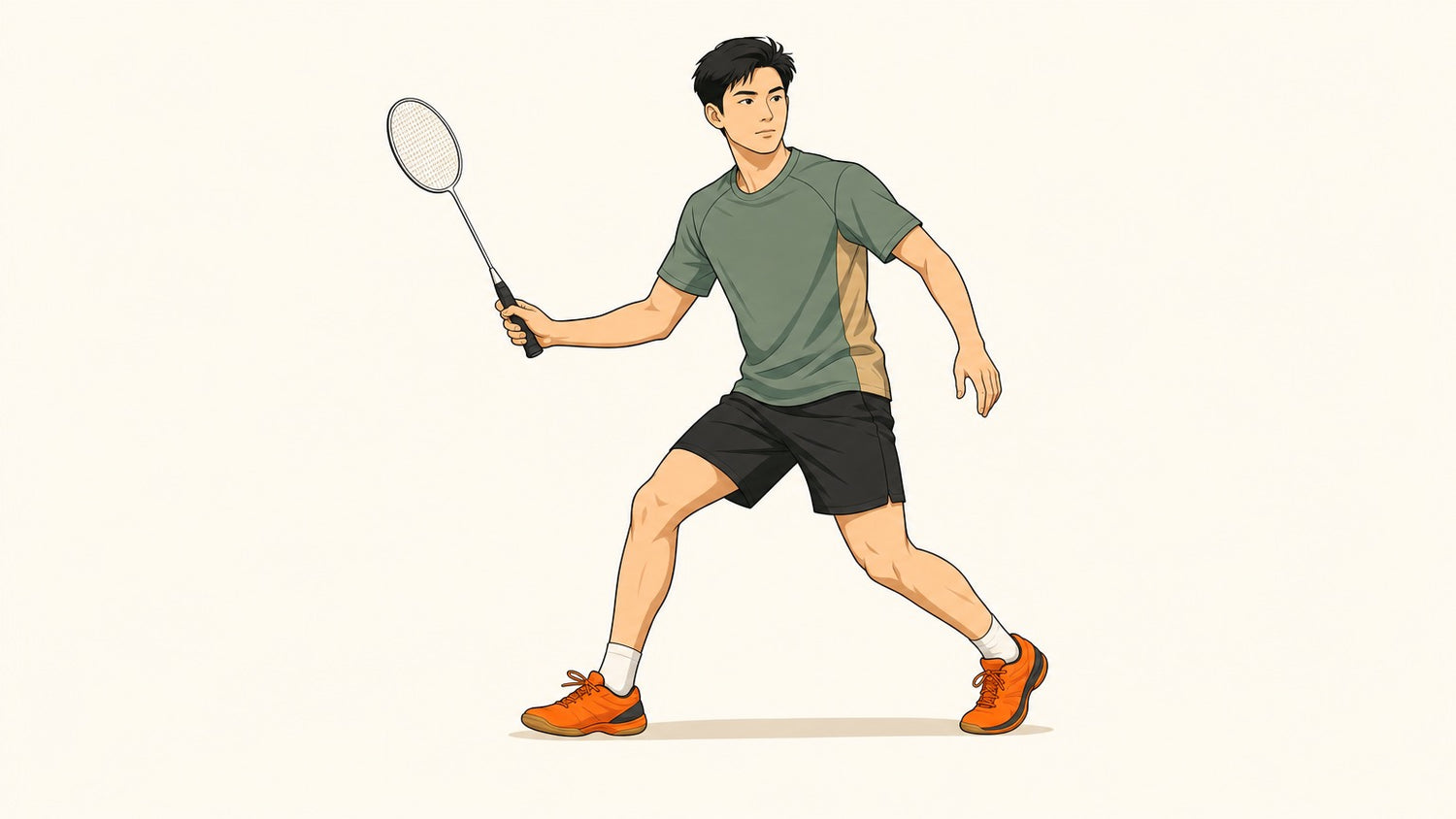Full-body badminton player holding one racket in a balanced braking stance on a plain background