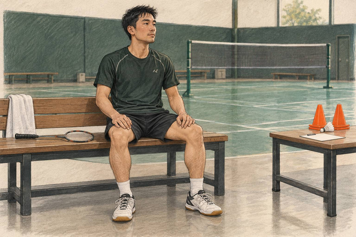 Editorial illustration of a badminton player resting beside a practice observation card.