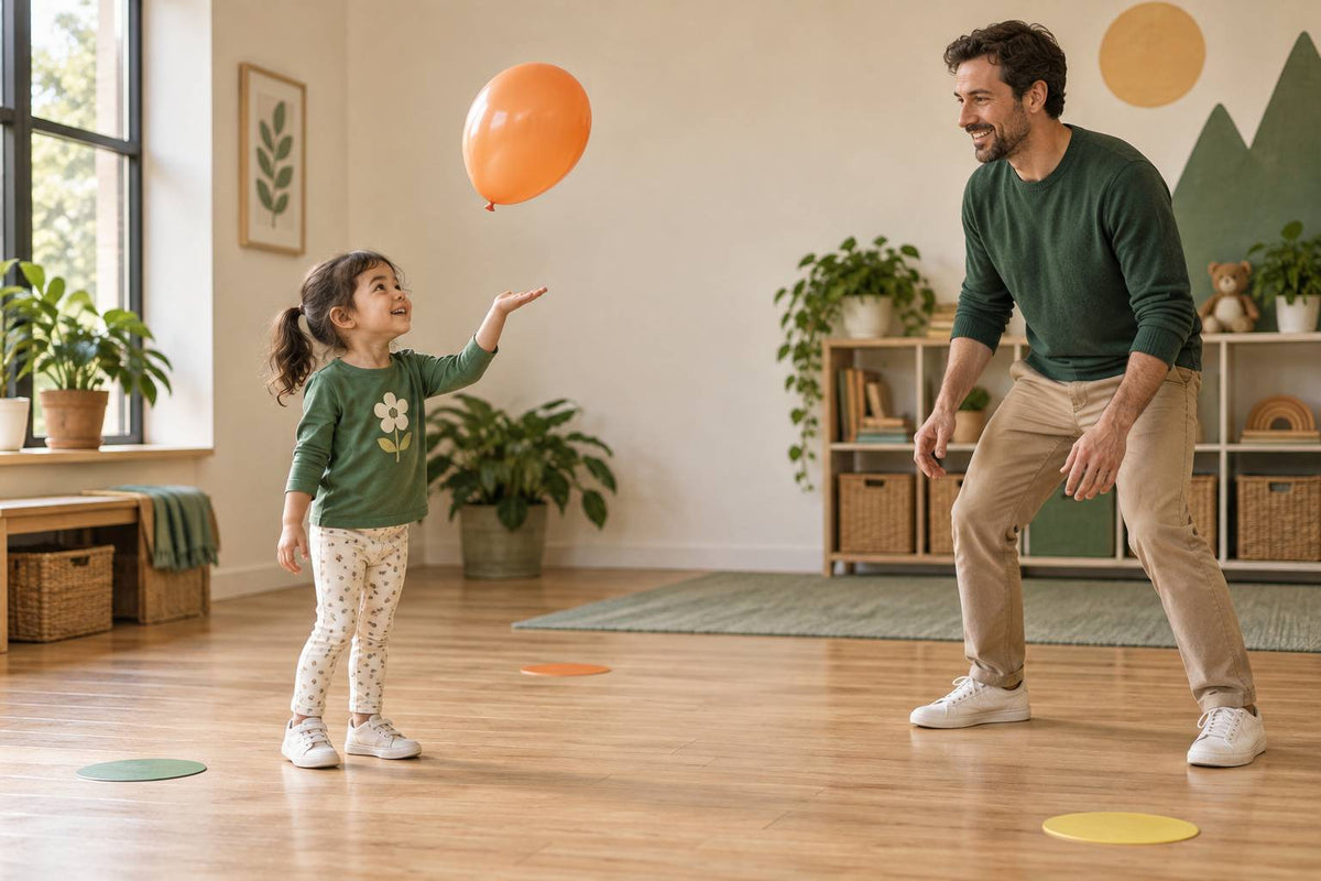A parent and young child begin with a slow balloon and a reachable shared activity.