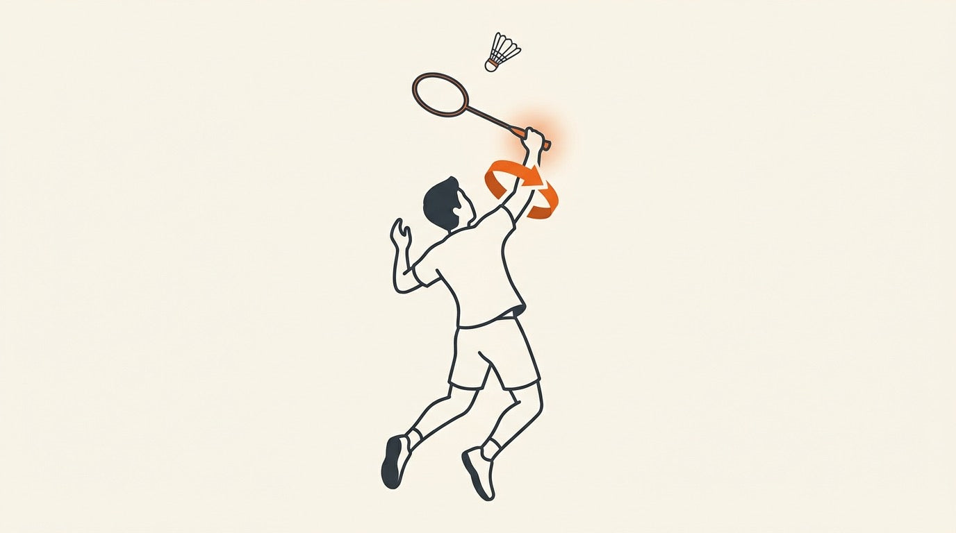 Illustration of a badminton player using forearm pronation during an overhead smash on a warm Canadian indoor court